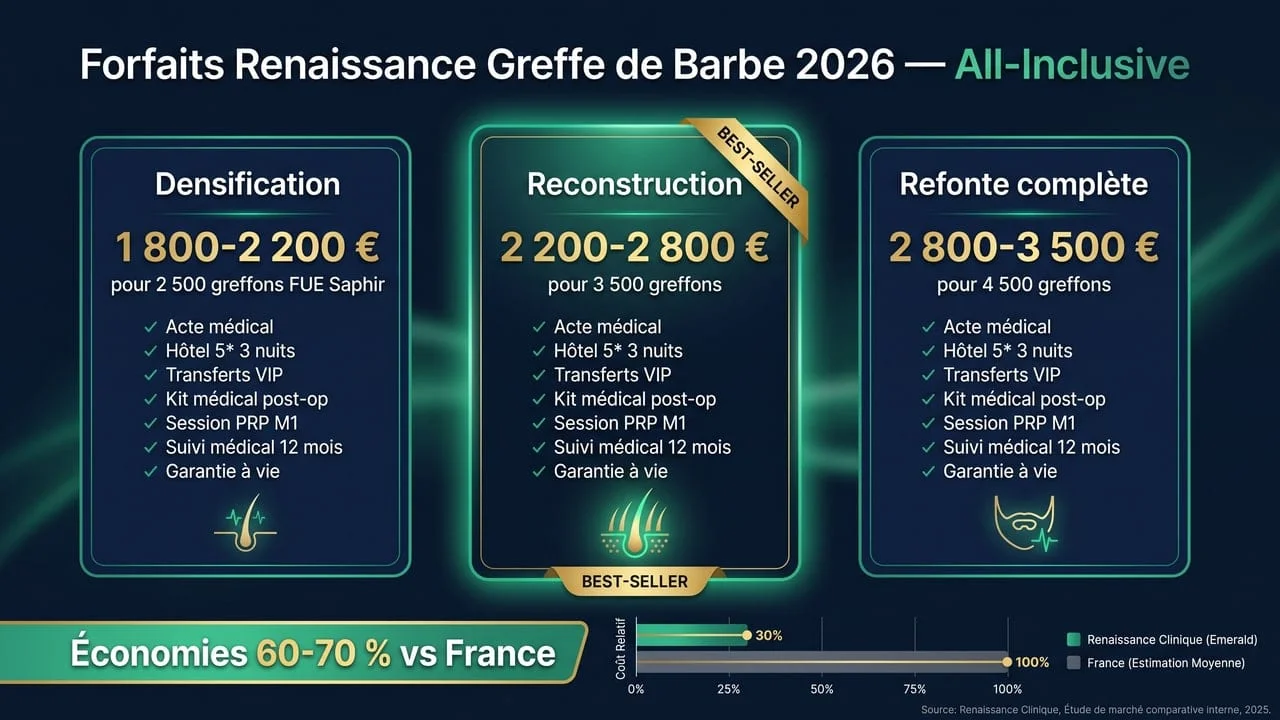 Grille tarifaire greffe de barbe Renaissance Clinique 2026 — 3 forfaits all-inclusive (densification, reconstruction, refonte)