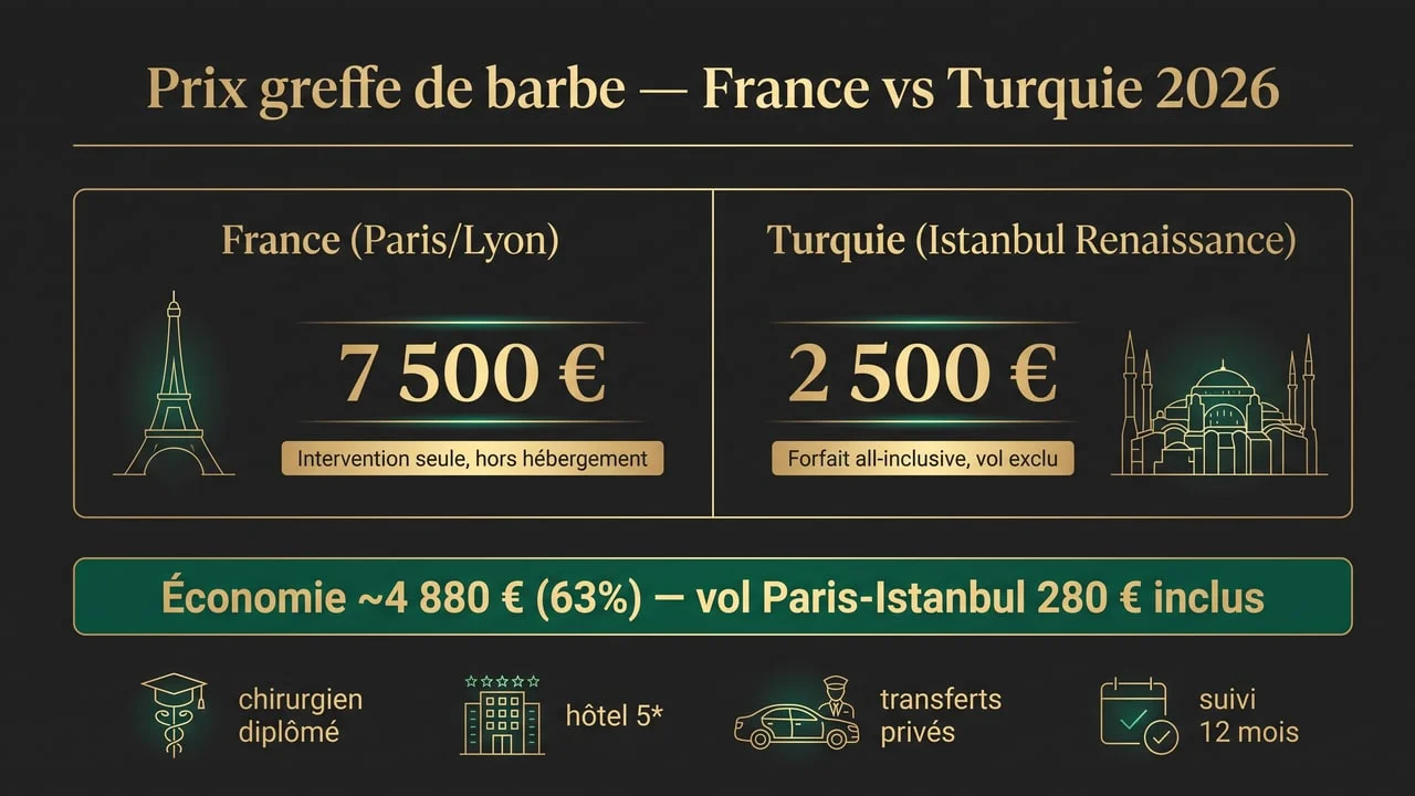Comparatif prix greffe de barbe France 7 500 € versus Turquie Renaissance Istanbul 2 500 € en 2026 — économie ~4 880 € à technique FUE équivalente