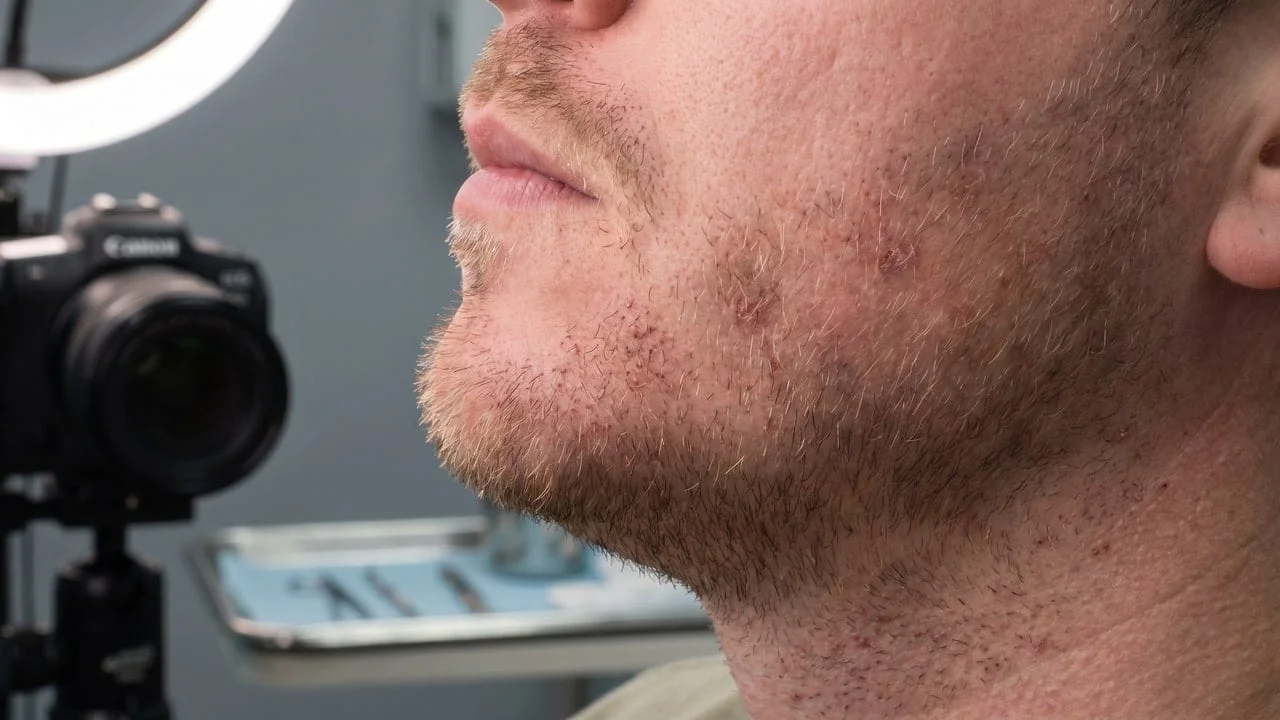 Illustration greffe de barbe M+3 — début de repousse avec poils fins clairs, densité 20-30 % (visuel illustratif, non une photo de patient réel)