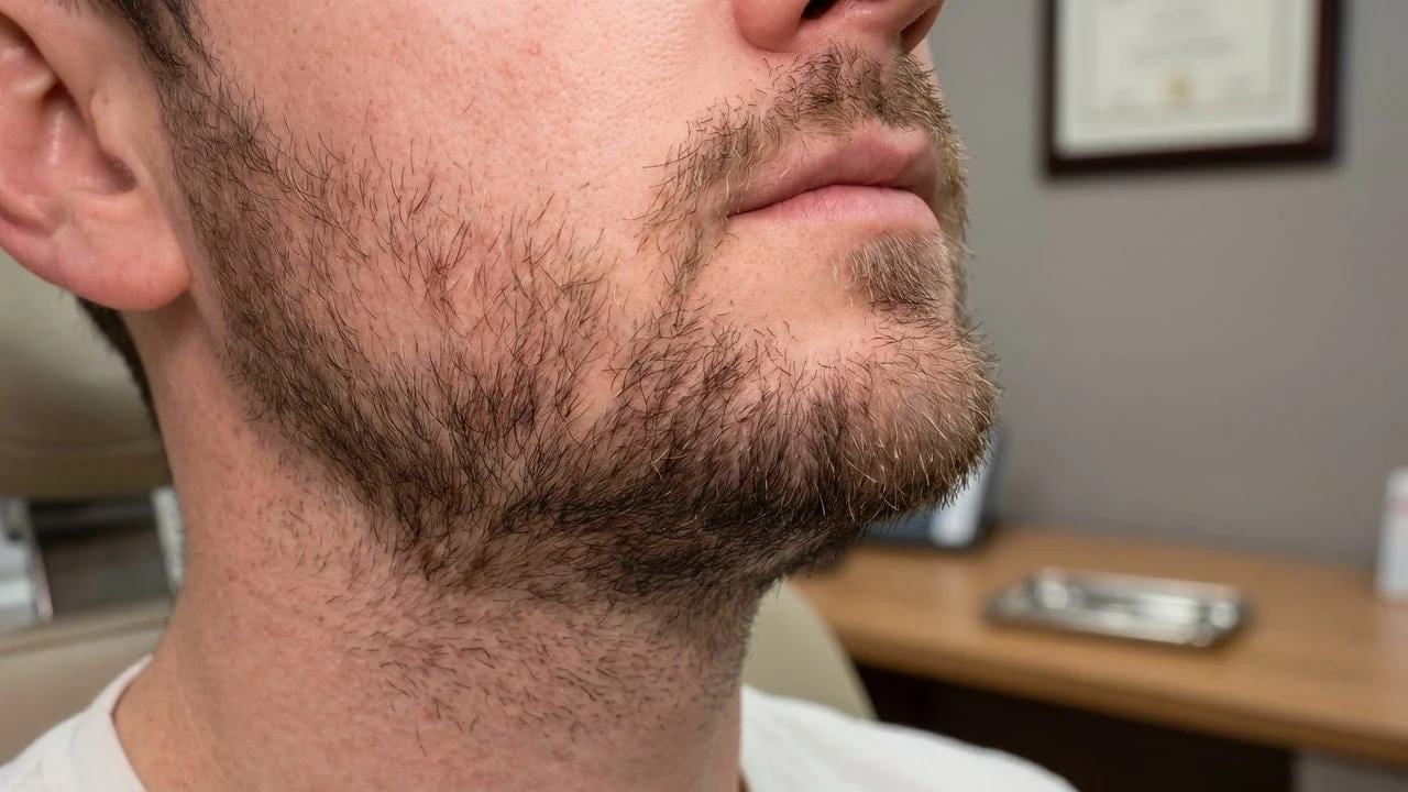 Illustration greffe de barbe M+6 — point d'inflexion avec densité visible 50-60 %, pigmentation 70-80 % (visuel illustratif, non une photo de patient réel)