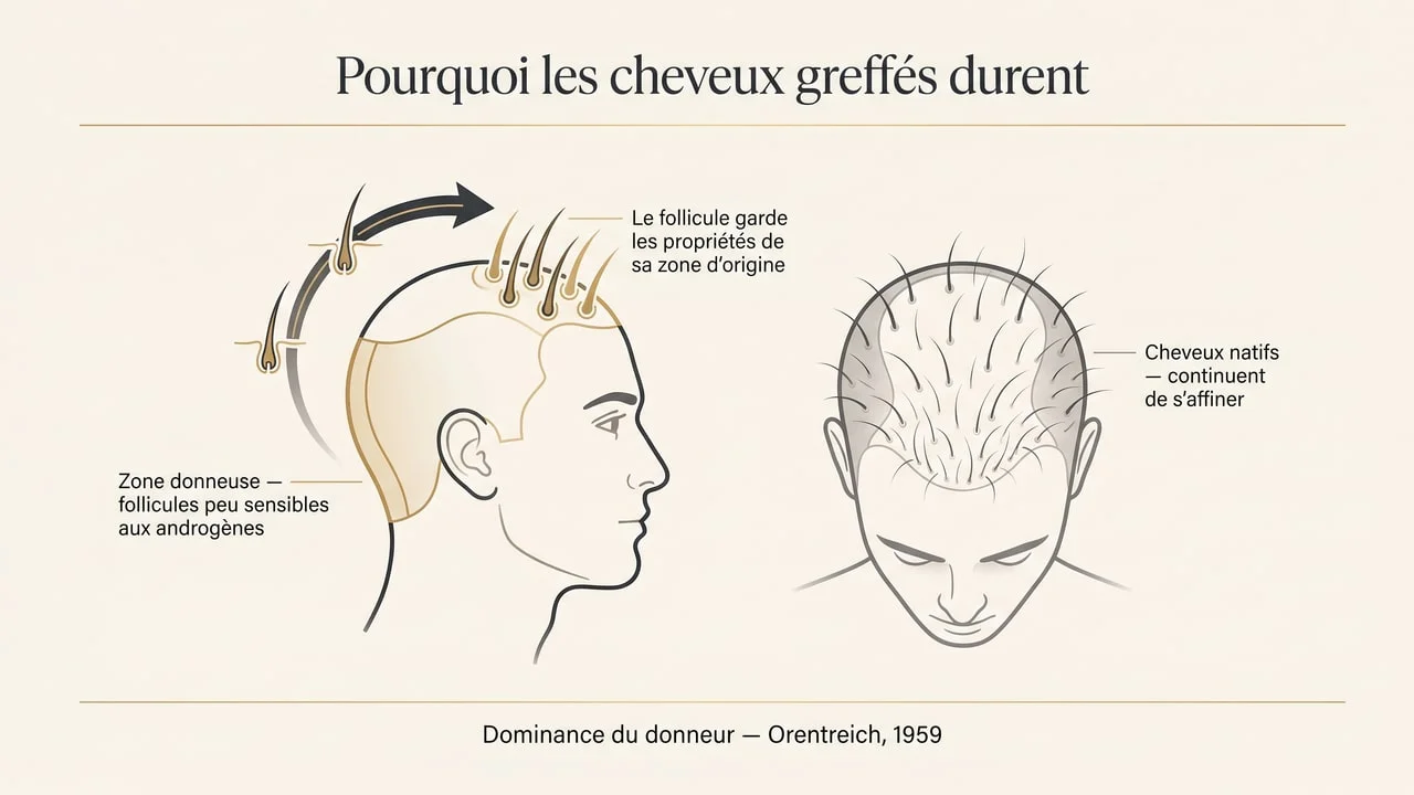 Infographie illustrant la dominance du donneur : les follicules prélevés dans la couronne parieto-occipitale gardent les propriétés de leur zone d'origine une fois transplantés, tandis que les cheveux natifs autour continuent de s'affiner