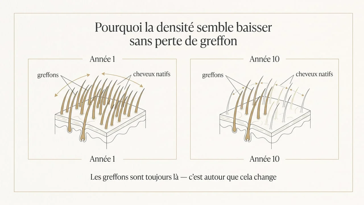 Schéma comparant l'année 1 et l'année 10 après une greffe : les greffons restent identiques en nombre tandis que les cheveux natifs autour se sont affinés, expliquant une densité globale perçue en baisse