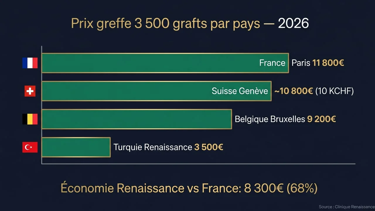 Barres comparatives des fourchettes de prix greffe 3 500 grafts France/Belgique/Suisse/Turquie 2026 — économie indicative de 60-70 % avec Renaissance