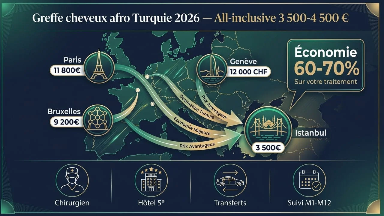 Prix greffe cheveux afro en Turquie : forfaits 2026
