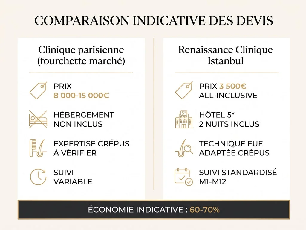 Comparaison indicative de devis — fourchette clinique parisienne 8 000-15 000€ vs Renaissance Clinique Istanbul 3 500€ all-inclusive, économie 60-70 %