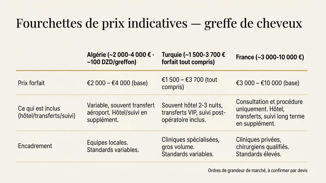 Tableau comparatif des fourchettes de prix d'une greffe de cheveux en Algérie, en Turquie et en France, avec ce qui est inclus dans chaque forfait