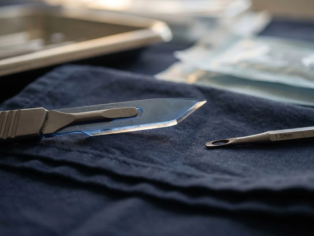 Outils chirurgicaux FUE Saphir adaptés aux cheveux crépus : punch elliptique 1.0mm et lame saphir