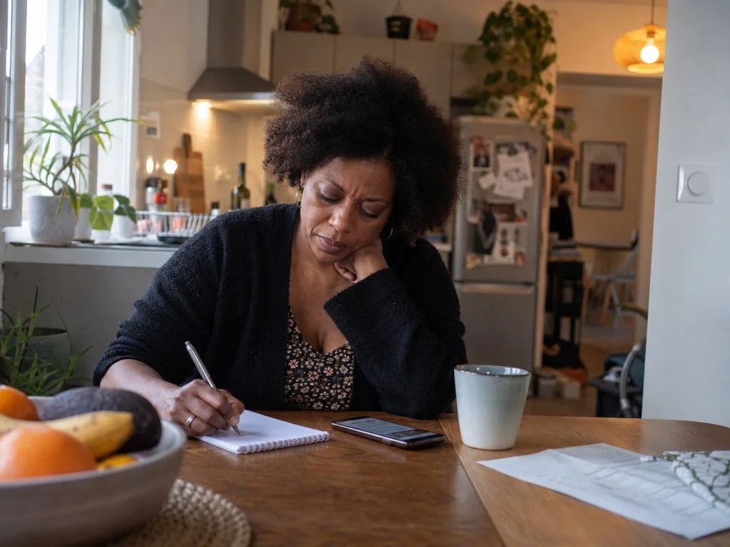Une femme écrit à la main une liste de questions dans un carnet, à la table de sa cuisine, avant une consultation