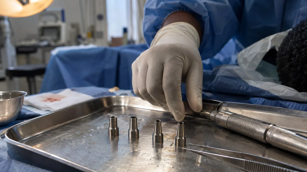 Quatre embouts de punch de géométries différentes sur un plateau d'instruments, une main gantée en choisit un