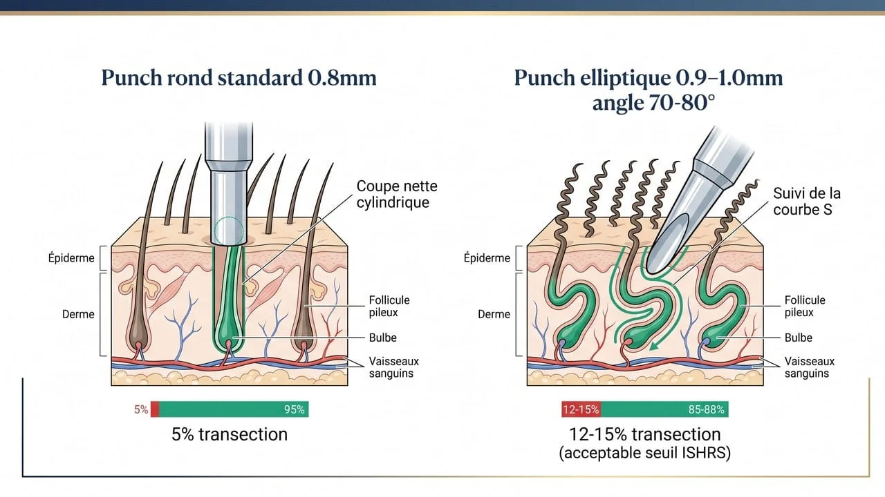Comparaison des punchs FUE pour cheveux raides vs crépus : punch rond vs punch elliptique avec angulation adaptée à la courbure folliculaire