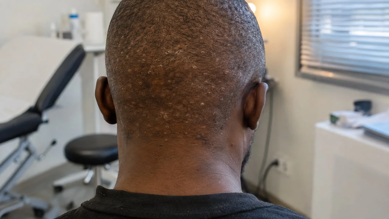 Nuque d'un homme à peau foncée aux cheveux très courts, avec de petits points clairs cicatrisés dans la zone donneuse