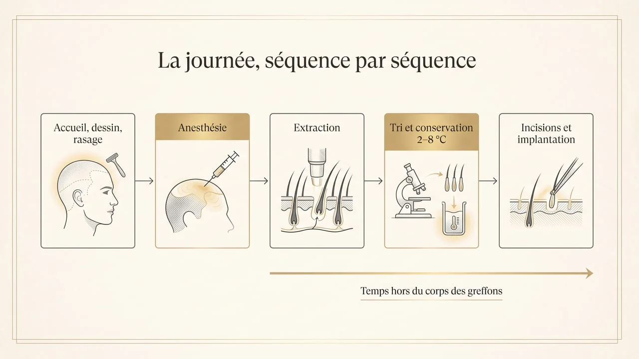 Schéma des cinq séquences d'une journée de greffe de cheveux — accueil et dessin, anesthésie, extraction, tri et conservation entre 2 et 8 °C, incisions et implantation — avec le temps hors du corps des greffons courant sur les trois dernières étapes