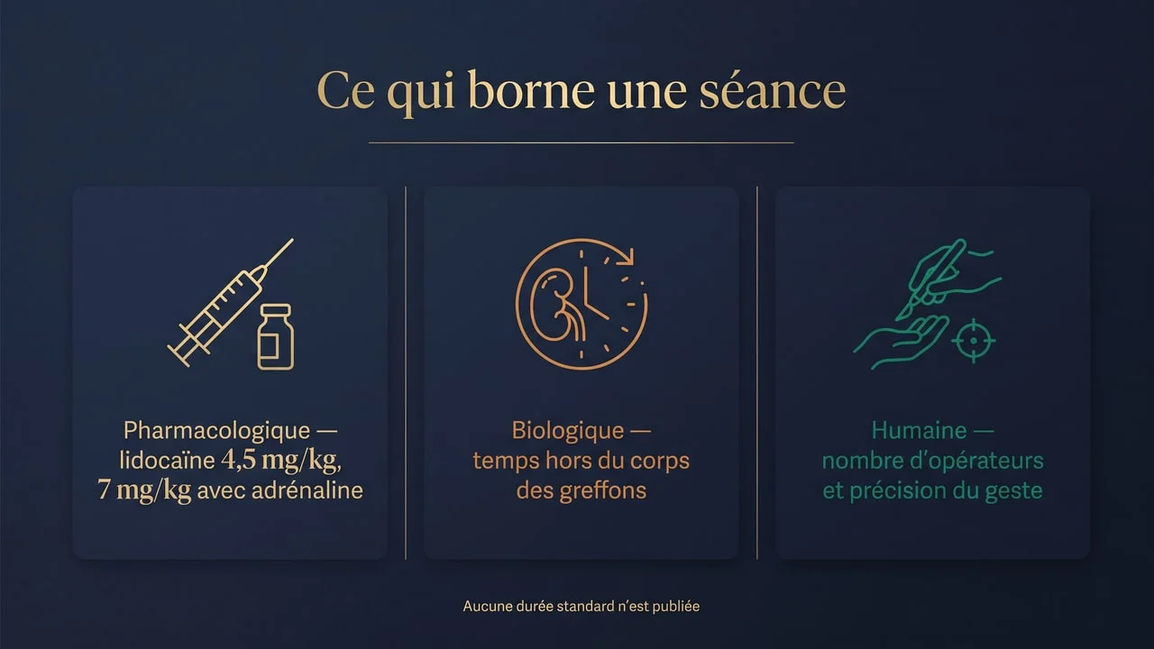 Infographie des trois contraintes qui bornent la durée d'une greffe de cheveux : la limite pharmacologique des doses d'anesthésique, la limite biologique du temps hors du corps des greffons et la limite humaine liée au nombre d'opérateurs