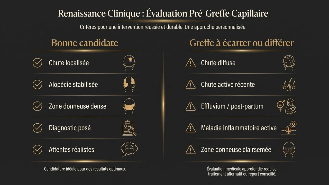 Infographie comparative : bonne candidate à la greffe de cheveux féminine vs situations où la greffe doit être écartée ou différée