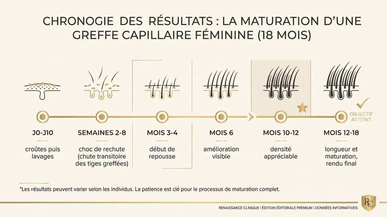 Infographie : calendrier des résultats d'une greffe de cheveux chez la femme, du choc de rechute au rendu final entre 12 et 18 mois