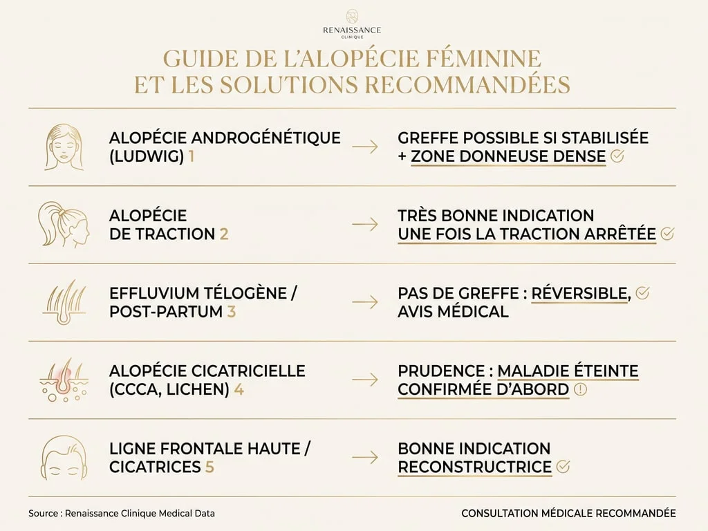 Infographie : les causes de chute de cheveux chez la femme et la bonne réponse pour chacune (greffe ou orientation médicale)