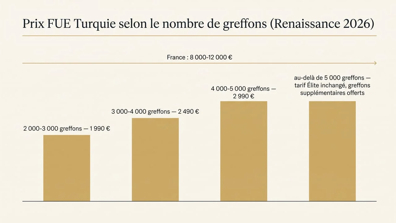 Prix d'une greffe FUE en Turquie selon le nombre de greffons : 1 990 € à 2 990 € à prix ferme chez Renaissance Istanbul, contre 8 000-12 000 € en France