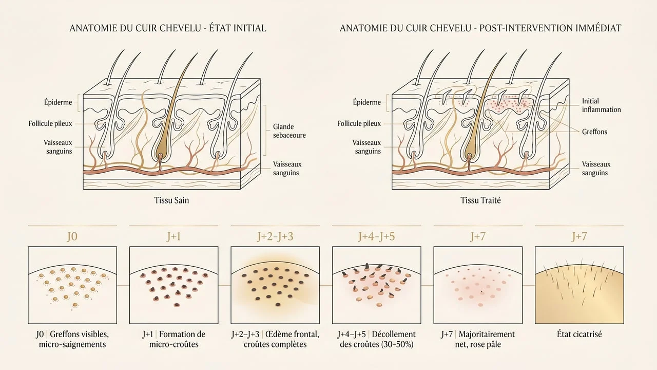 Sept étapes anatomiques de la cicatrisation après greffe de cheveux — J0 à J+7 — formation puis chute des croûtes