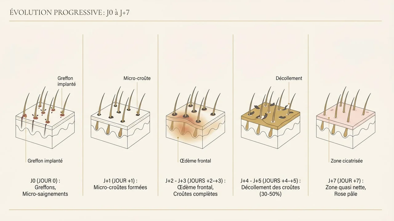 Sept étapes anatomiques de la cicatrisation après greffe de cheveux — J0 à J+7 — formation puis chute des croûtes
