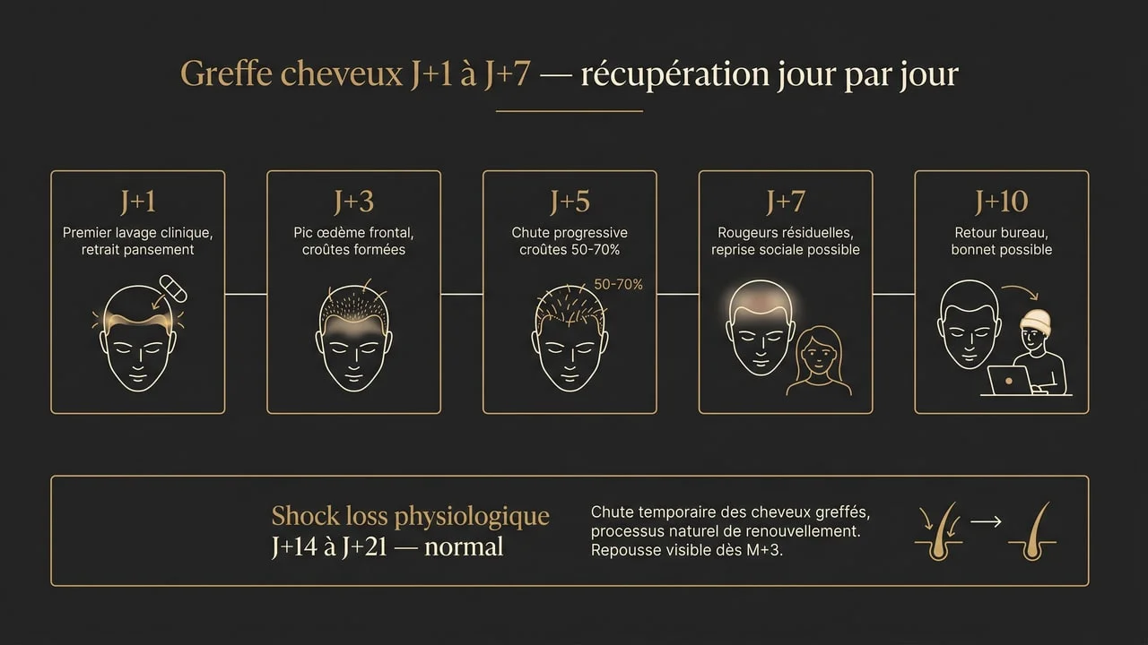 Timeline médicale de la récupération après greffe de cheveux jour par jour J+1 à J+7 — lavage, croûtes, reprise sociale, shock loss