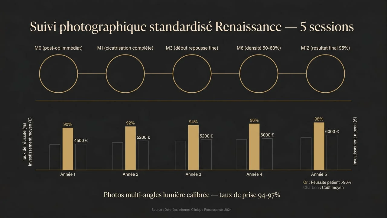 Calendrier de suivi photographique M0, M1, M3, M6, M12 — évolution de la repousse capillaire après greffe