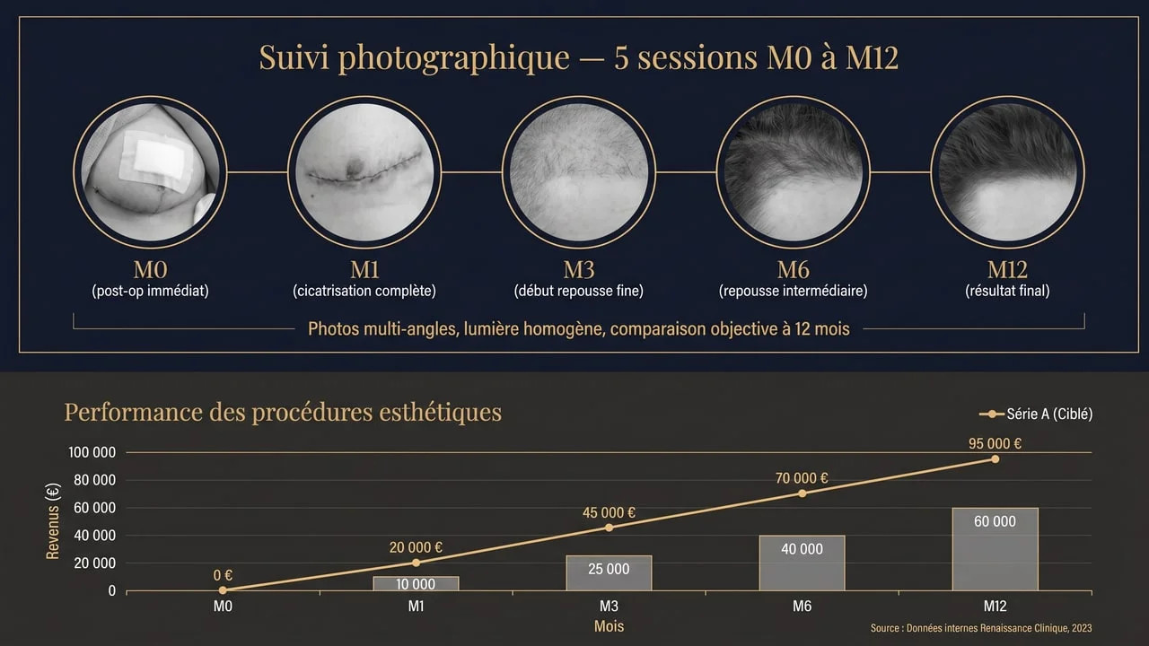 Calendrier de suivi photographique M0, M1, M3, M6, M12 — évolution de la repousse capillaire après greffe