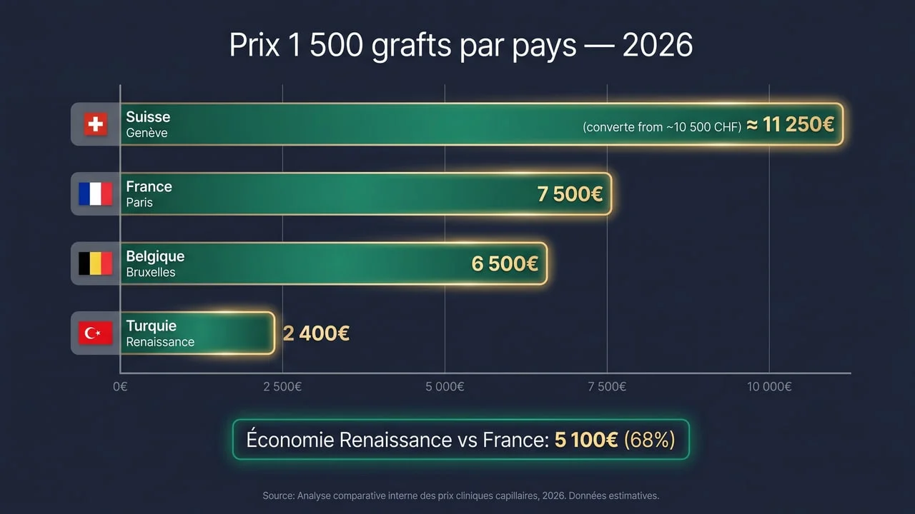 Barres comparatives prix greffe 1 500 grafts France/Belgique/Suisse/Turquie 2026 — économie de 68 % avec Renaissance Clinique