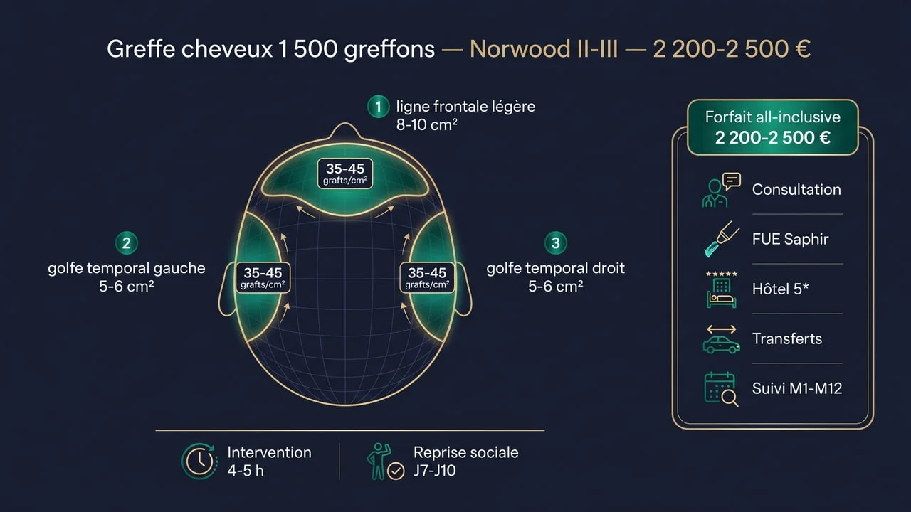 Carte anatomique des zones couvertes par 1 500 greffons — ligne frontale et golfes temporaux Norwood II-III, forfait Renaissance 2 200-2 500 €