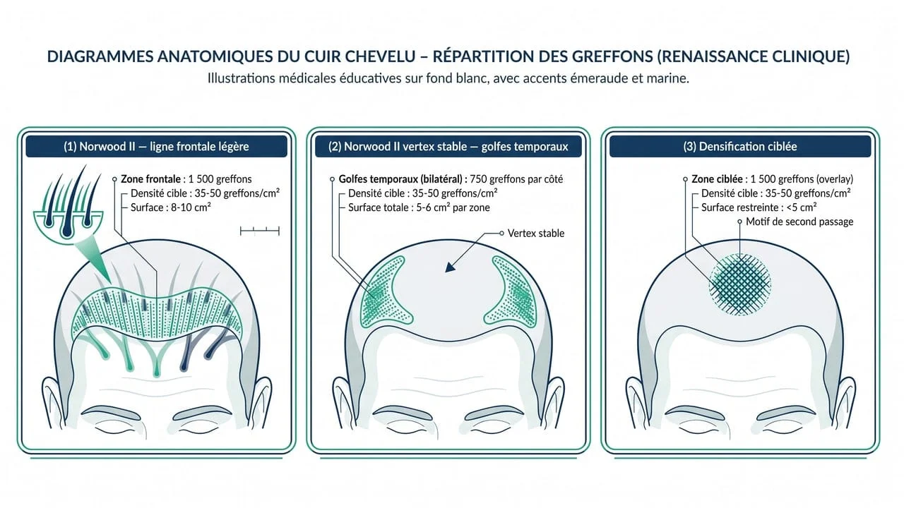 Trois scénarios de répartition de 1 500 greffons selon la zone — ligne frontale Norwood II, golfes temporaux bilatéraux, ou densification ciblée