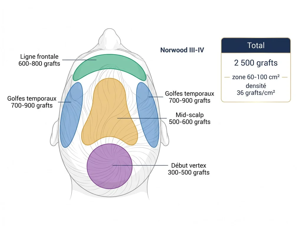 Diagramme anatomique de répartition des 2 500 greffons pour Norwood III-IV : ligne frontale, golfes, mid-scalp, début vertex — détail des volumes