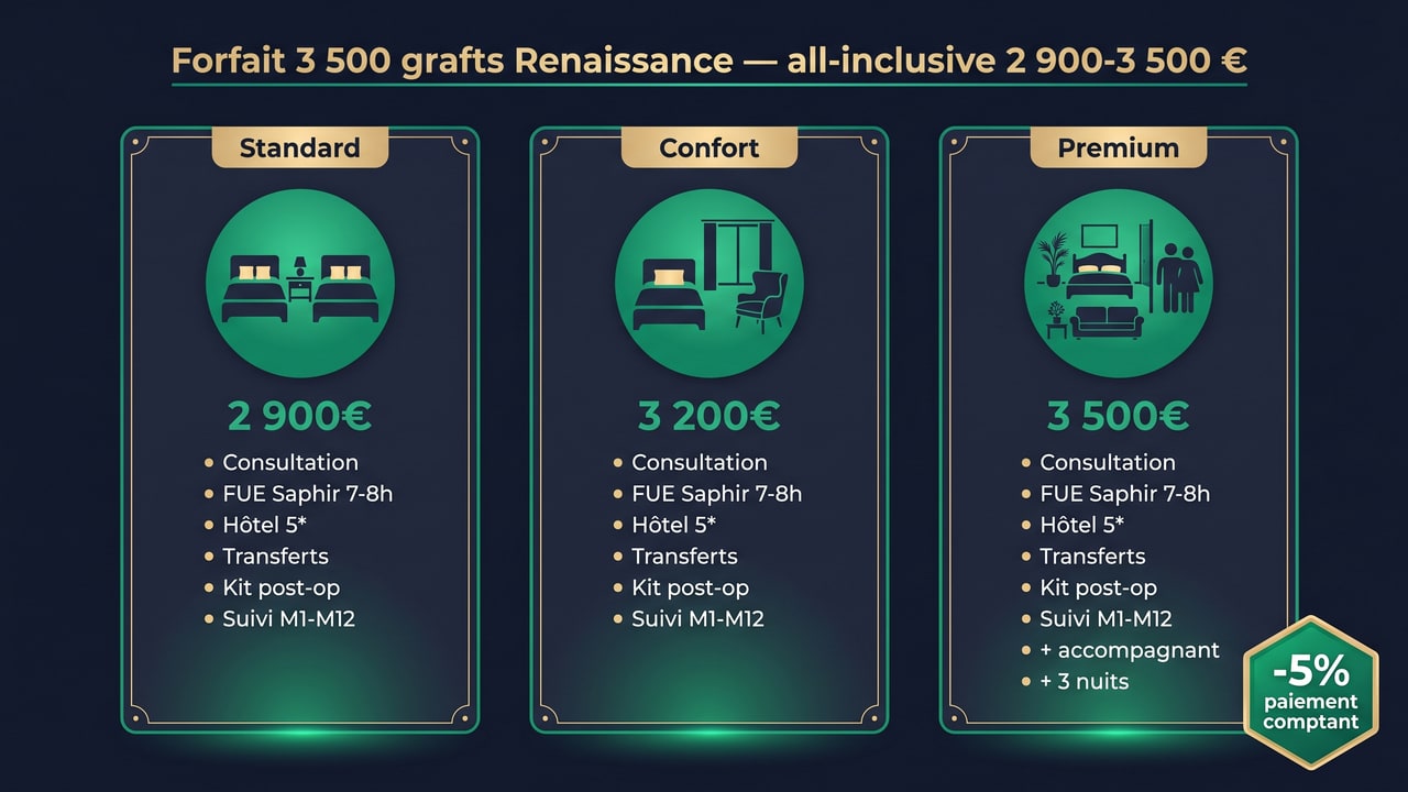 3 niveaux de forfait Renaissance Clinique 3 500 grafts : Standard 2 900 €, Confort 3 200 €, Premium 3 500 € — détail des inclusions all-inclusive