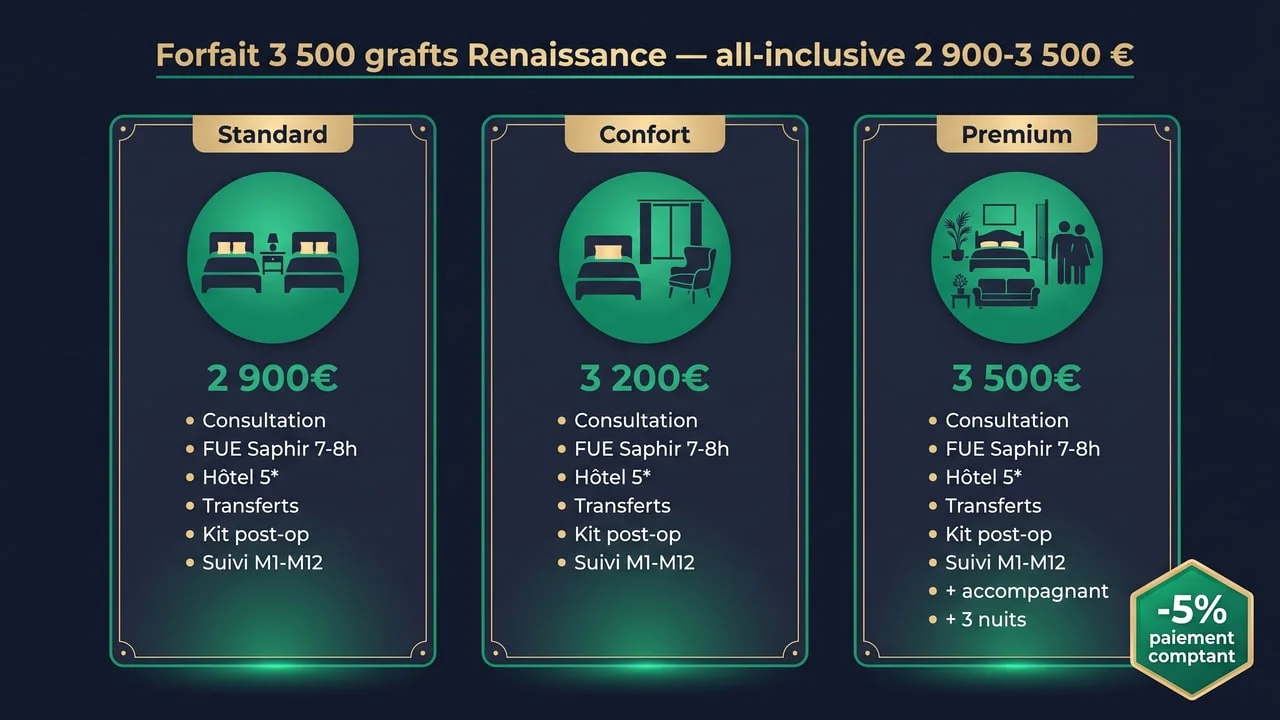 3 niveaux de forfait Renaissance Clinique 3 500 grafts : Standard 2 900 €, Confort 3 200 €, Premium 3 500 € — détail des inclusions all-inclusive