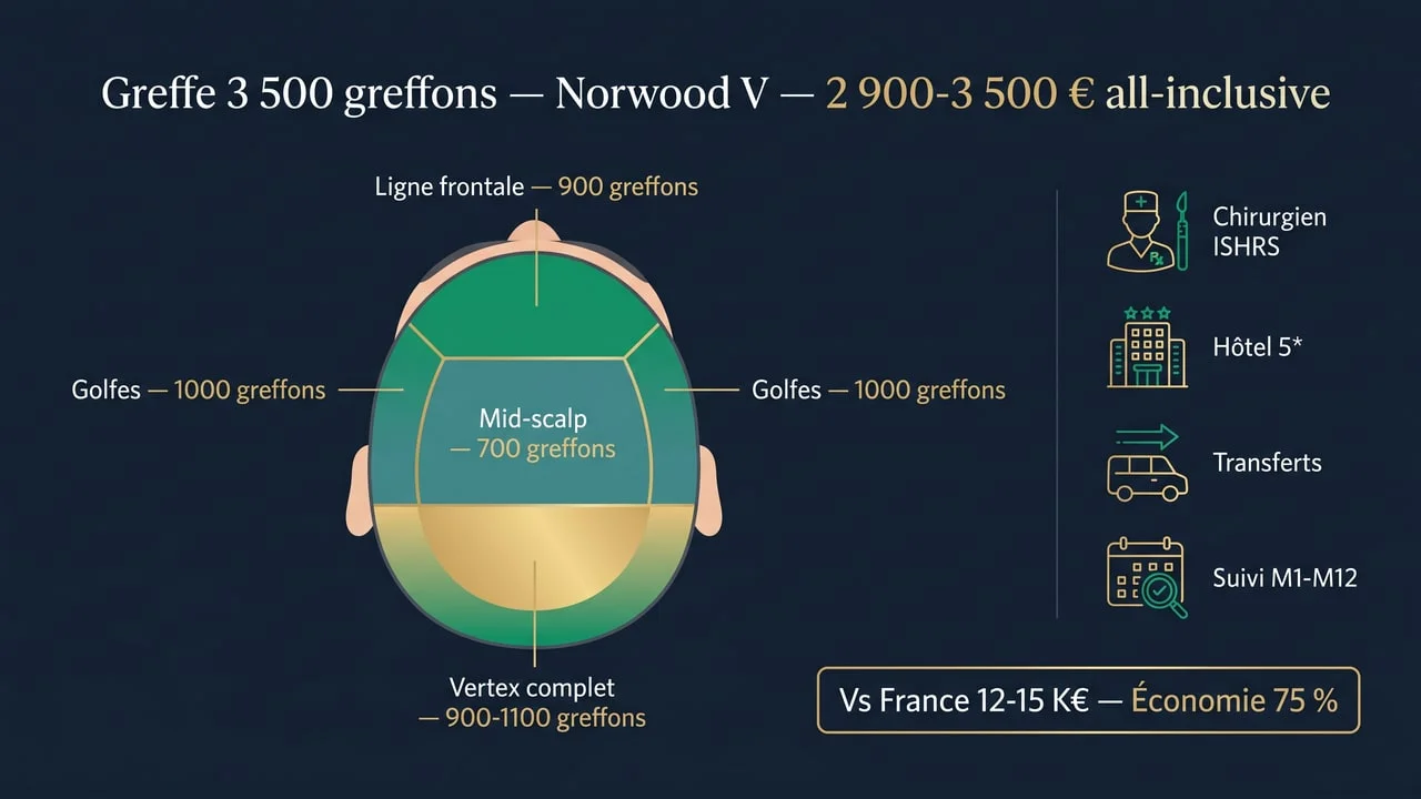 Prix d'une greffe de cheveux 3 500 greffons en Turquie 2026