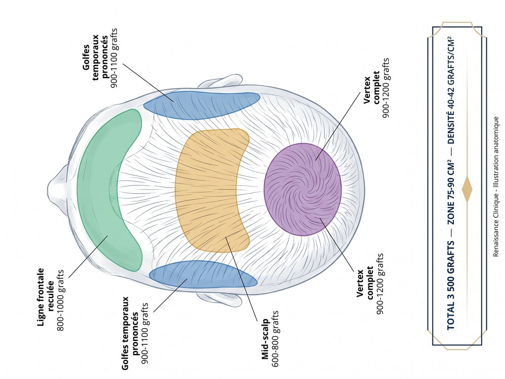 Diagramme anatomique de répartition des 3 500 greffons pour Norwood V : ligne frontale reculée, golfes prononcés, mid-scalp, vertex complet — détail des volumes