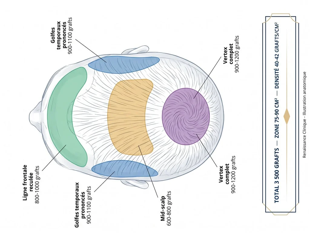 Diagramme anatomique de répartition des 3 500 greffons pour Norwood V : ligne frontale reculée, golfes prononcés, mid-scalp, vertex complet — détail des volumes