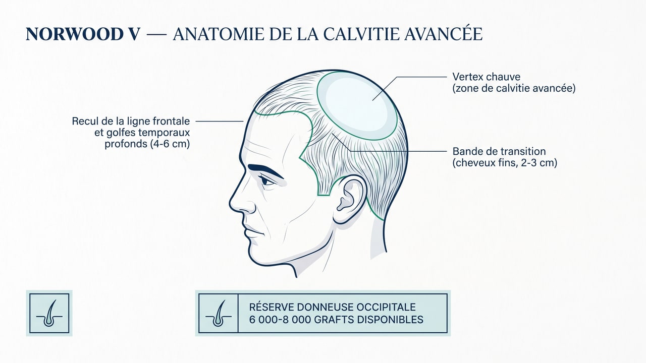Schéma anatomique de la calvitie avancée Norwood V : vertex complet, ligne frontale reculée, golfes prononcés, bande de transition résiduelle — réserve donneuse 6 000-8 000 grafts