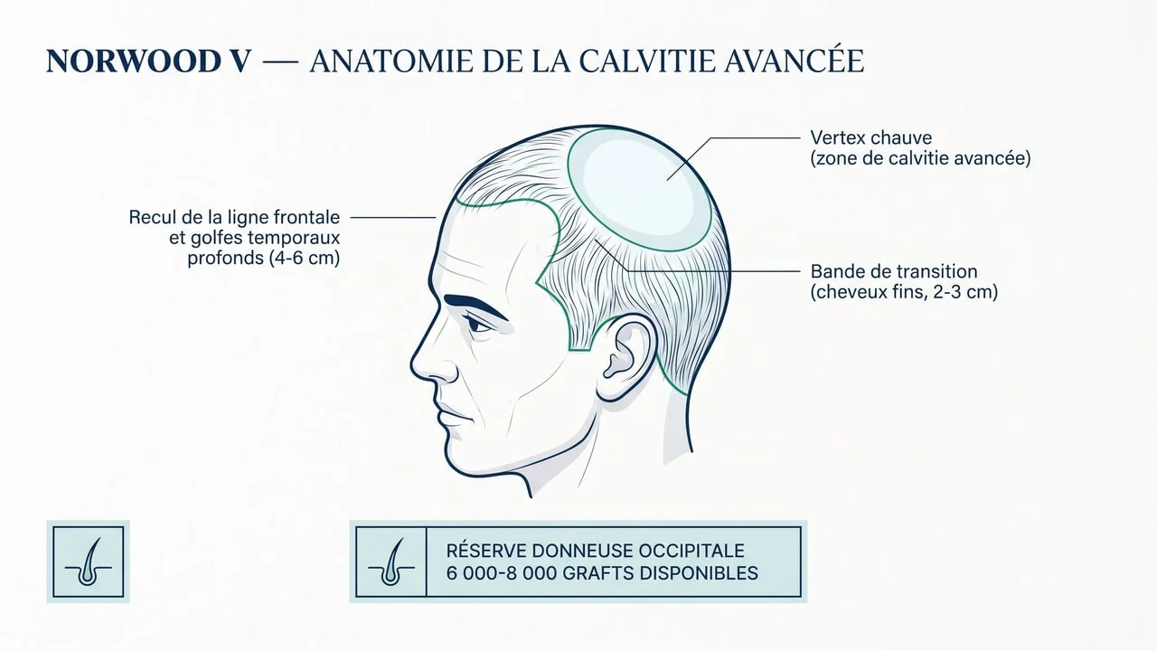 Schéma anatomique de la calvitie avancée Norwood V : vertex complet, ligne frontale reculée, golfes prononcés, bande de transition résiduelle — réserve donneuse 6 000-8 000 grafts