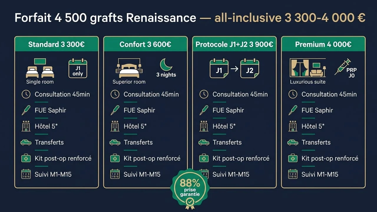 4 niveaux de forfait Renaissance Clinique 4 500 grafts : Standard 3 300 €, Confort 3 600 €, Protocole J1+J2 3 900 €, Premium 4 000 € — détail des inclusions all-inclusive