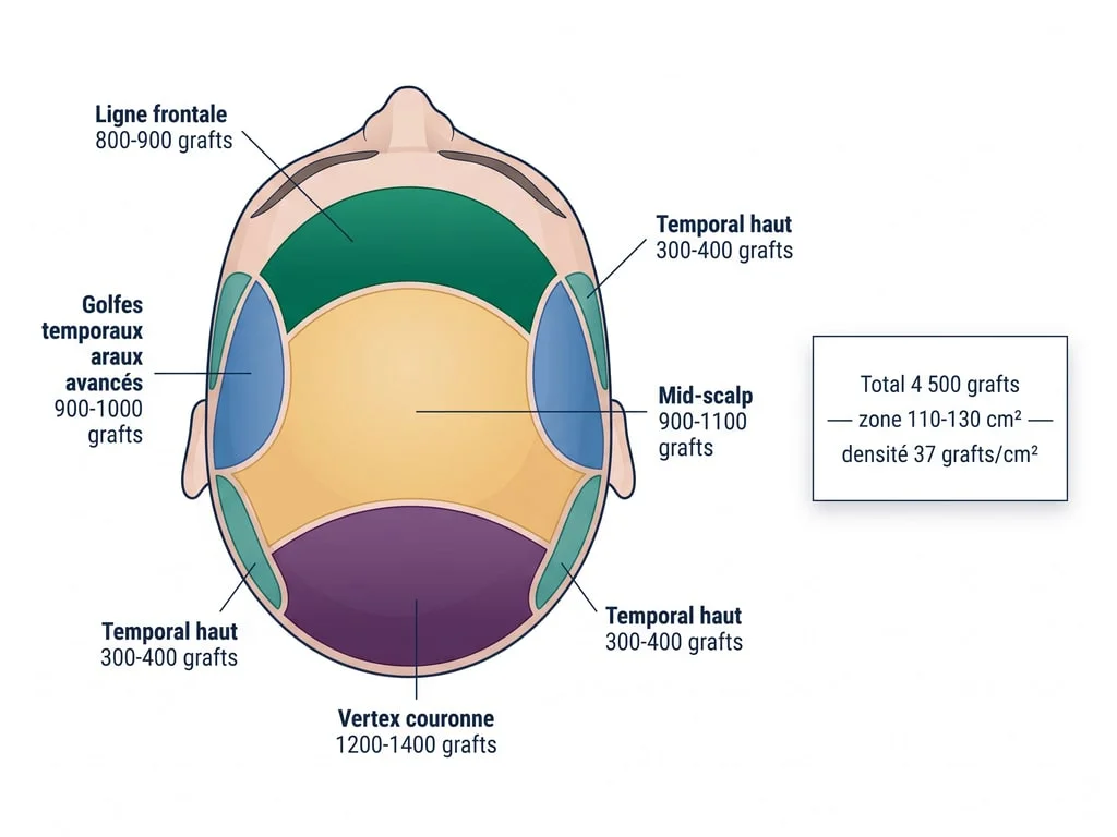 Diagramme anatomique de répartition des 4 500 greffons pour Norwood VI : ligne frontale, golfes avancés, mid-scalp, vertex couronne, temporal haut — détail des volumes