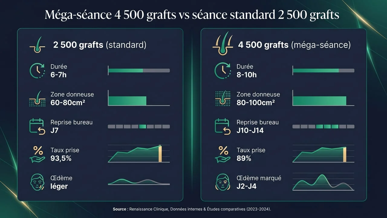 Comparaison méga-séance 4 500 grafts vs séance standard 2 500 grafts : durée, zone donneuse, reprise, taux de prise, œdème — implications cliniques