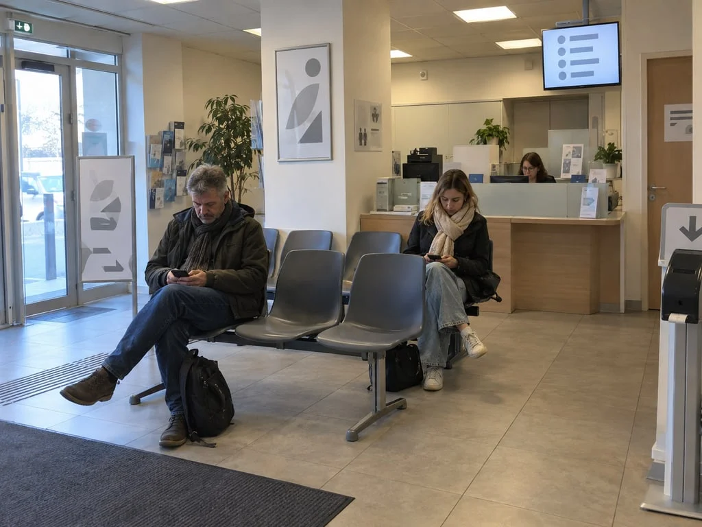 Salle d'attente d'une caisse d'assurance maladie en France : c'est le service médical, et non la clinique, qui instruit une demande d'entente préalable et qui notifie un refus avec ses voies de recours