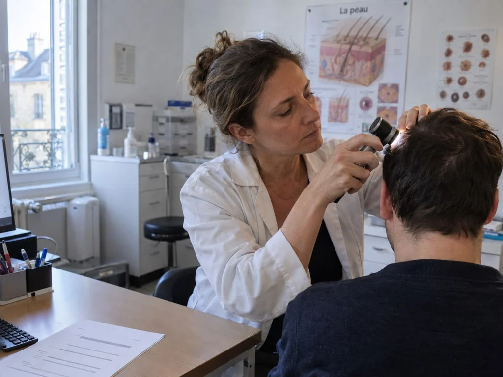 Examen du cuir chevelu au dermatoscope en consultation : c'est le diagnostic de la cause de l'alopécie, et non son retentissement, qui détermine une éventuelle prise en charge
