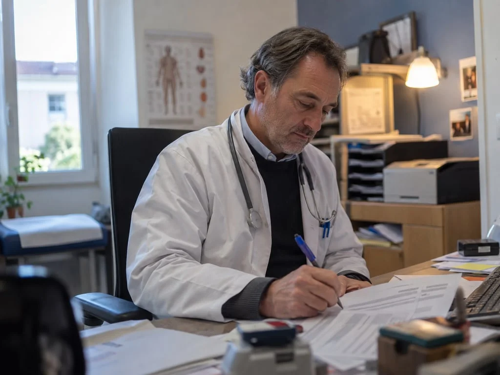 Un médecin remplit un formulaire administratif à son bureau : la demande d'entente préalable est adressée au service médical par le praticien, jamais par le patient ni par la clinique