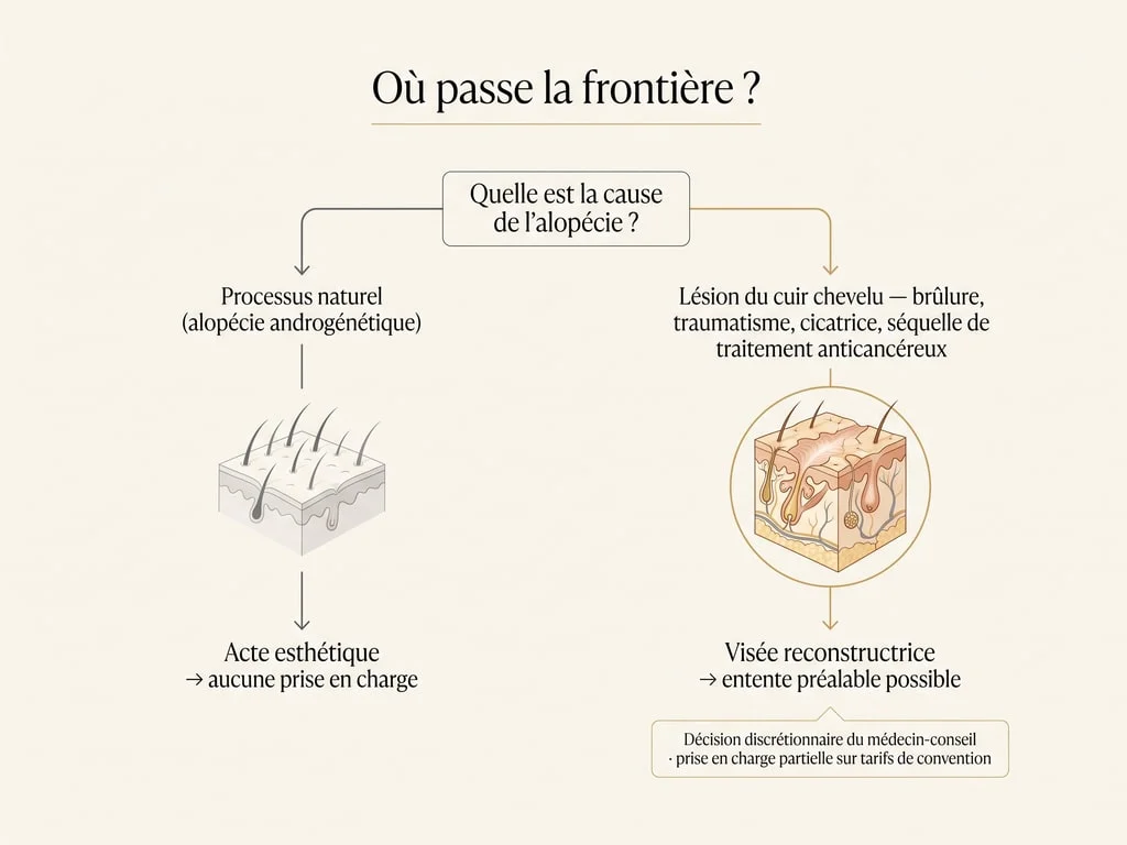 Diagramme montrant que la frontière du remboursement d'une greffe de cheveux passe par la cause de l'alopécie : processus naturel non pris en charge, lésion du cuir chevelu pouvant relever d'une visée reconstructrice