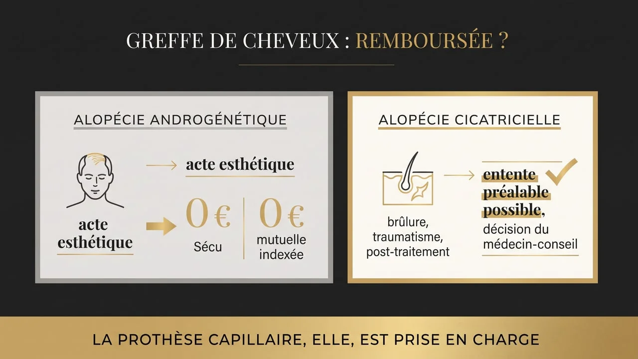 Infographie opposant la greffe pour calvitie commune, classée acte esthétique et non remboursée, à la greffe pour alopécie cicatricielle, qui peut faire l'objet d'une entente préalable auprès du médecin-conseil
