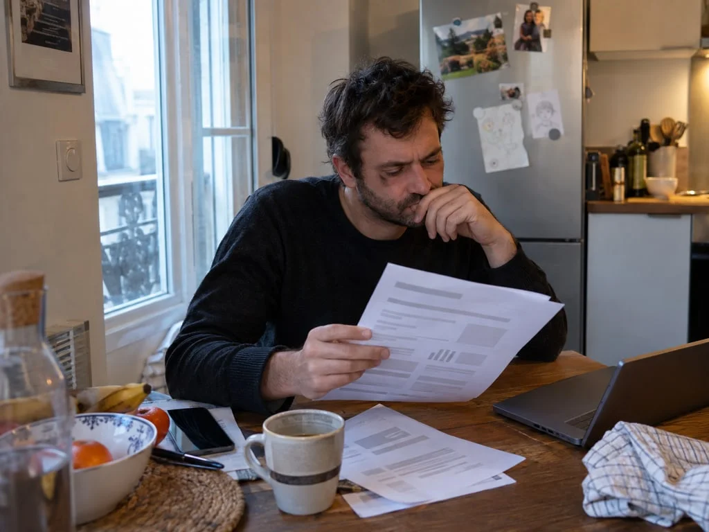 Une personne lit son tableau de garanties de complémentaire santé : c'est le seul document qui dit si un forfait en euros existe, indépendamment de la base de remboursement