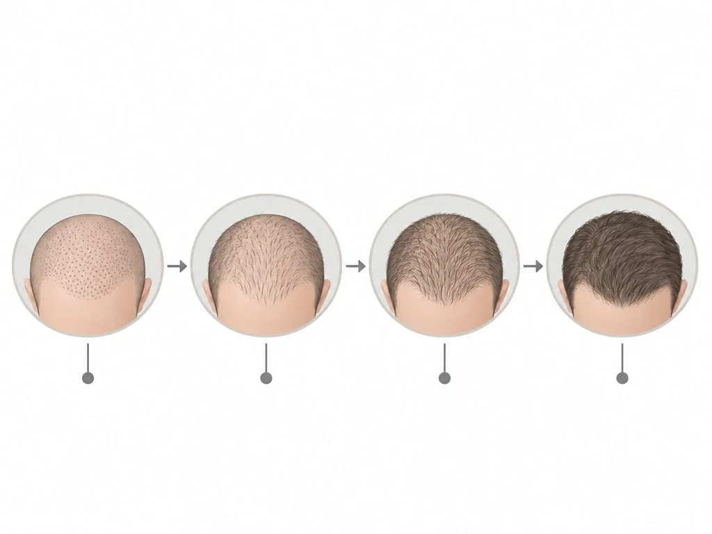Frise schématique de la repousse après une greffe de cheveux, des premières semaines au douzième mois