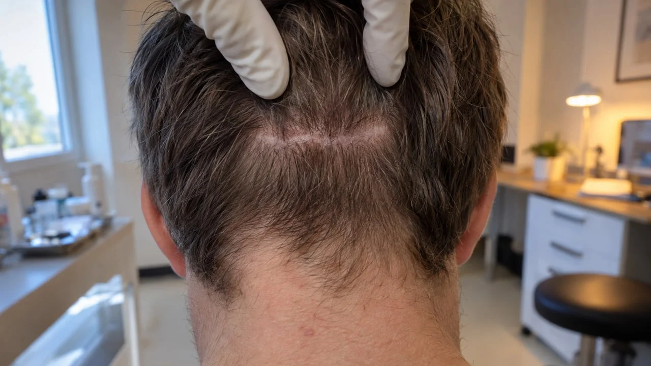 Gros plan d’une fine cicatrice linéaire horizontale sur la nuque, cheveux écartés pour la rendre visible