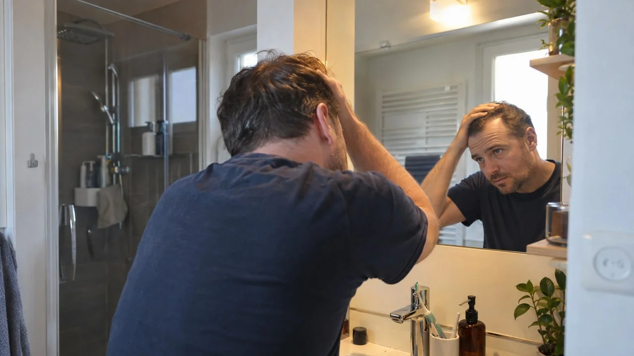 Un homme examine dans le miroir de sa salle de bain la zone frontale de son cuir chevelu après une greffe de cheveux