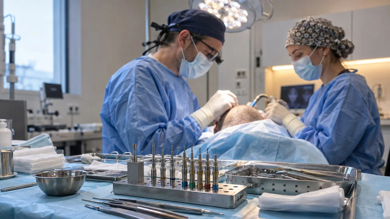 Plateau d’instruments de précision et punchs de différents calibres sur un champ stérile en bloc de chirurgie capillaire